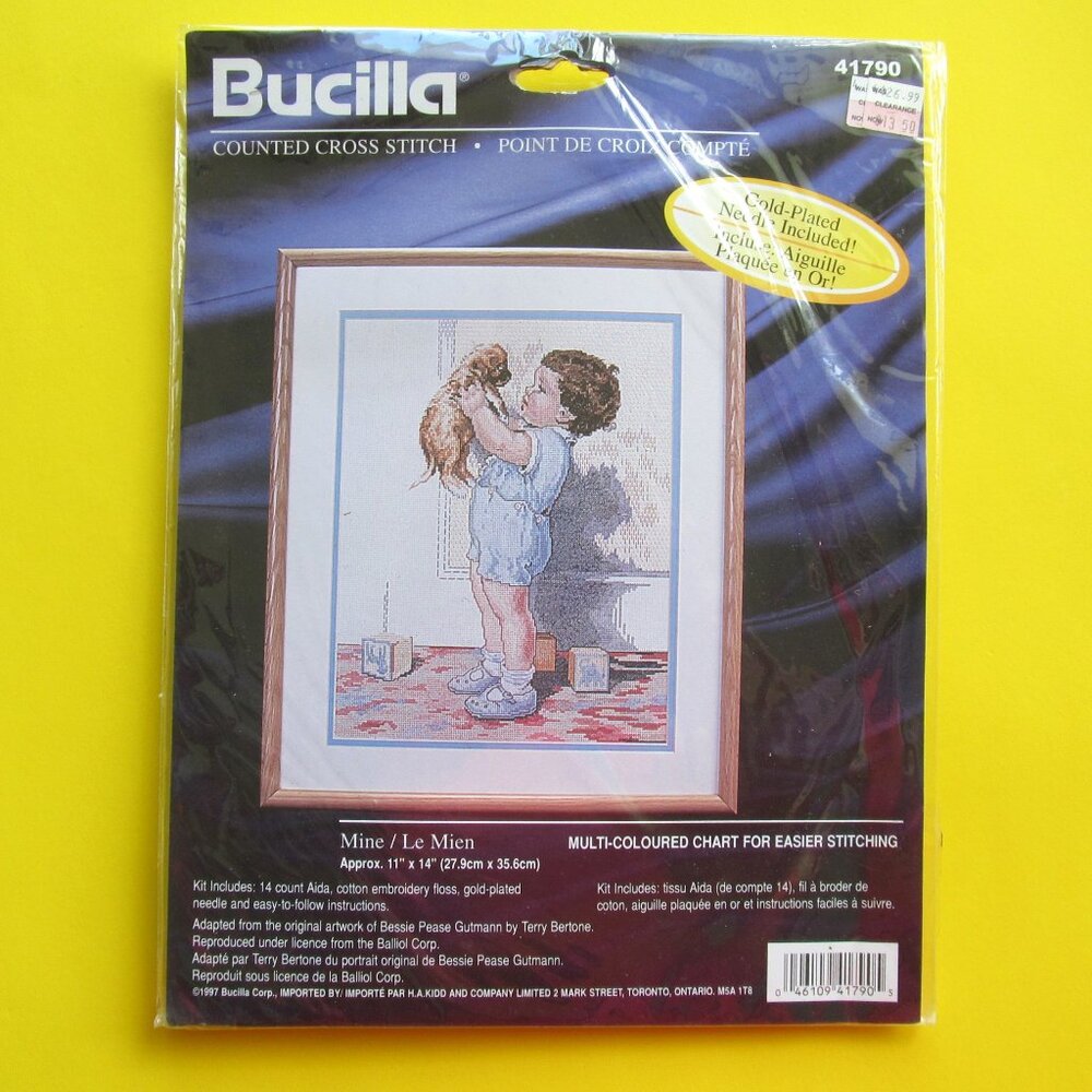 Vintage Bucilla Cross Stitch Kit: Boy and Puppy, Bessie Gutmann 'Mine'